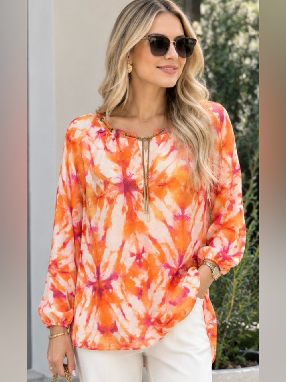 Calvin Klein elegant women’s Orange and Pink Tie-Dye Long Sleeve Tunic size XL